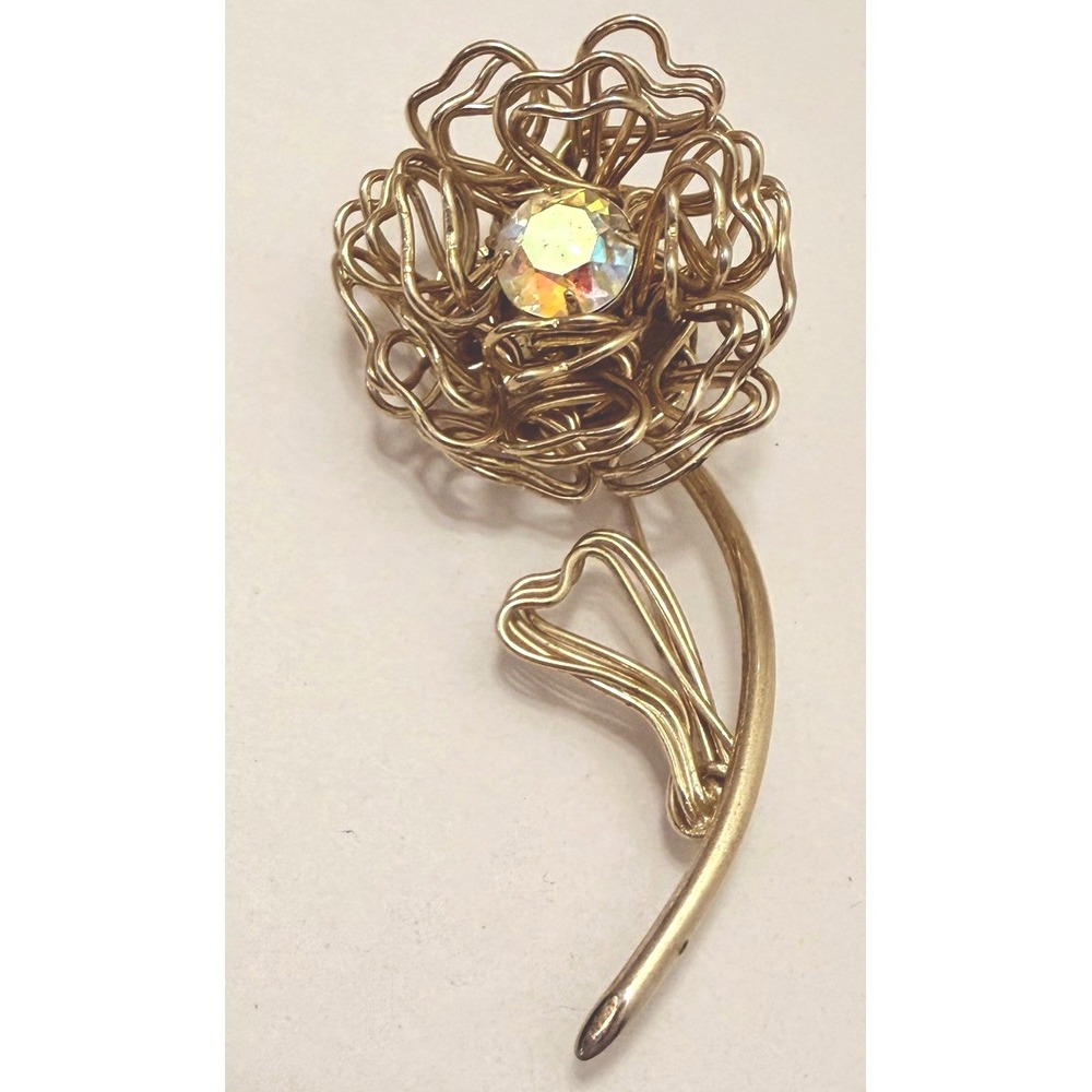 Vintage Brooch MCM Flower Heart Aurora Borealis Rhinestone Fashion Gold Large 3"